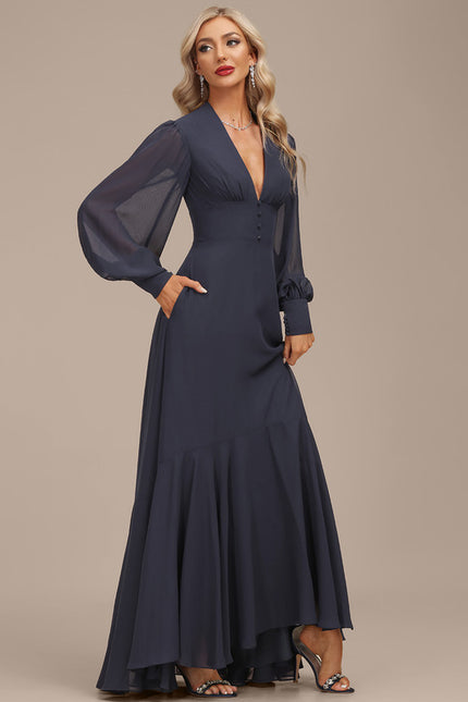 Robe de Soirée Longue Bleue En Mousseline Asymétrique - gallery 1