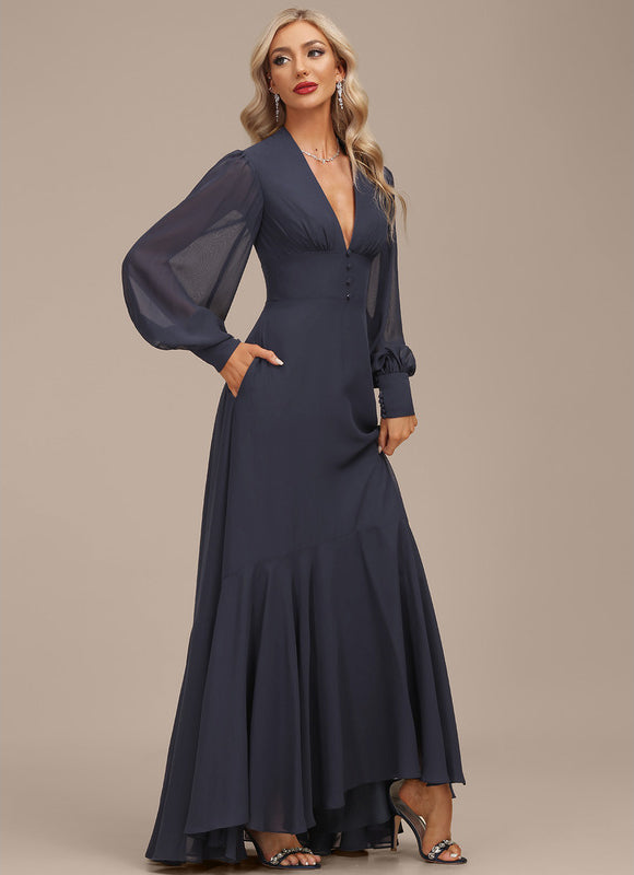 Robe de Soirée Longue Bleue En Mousseline Asymétrique - gallery 1