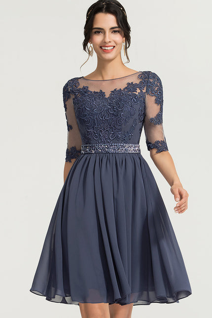 Robe de Soirée Longue Bleue Dentelle Mousseline Élégante