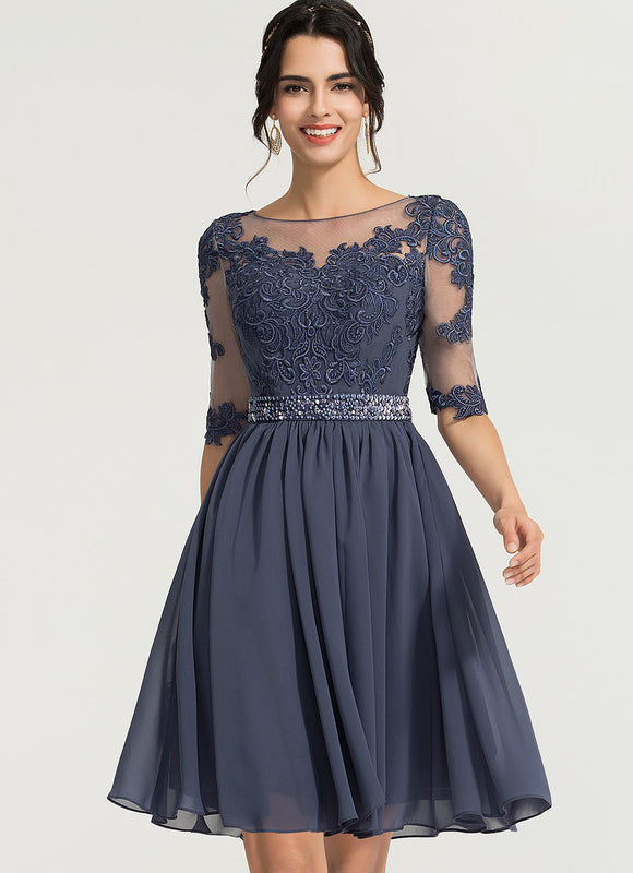 Robe de Soirée Longue Bleue Dentelle Mousseline Élégante