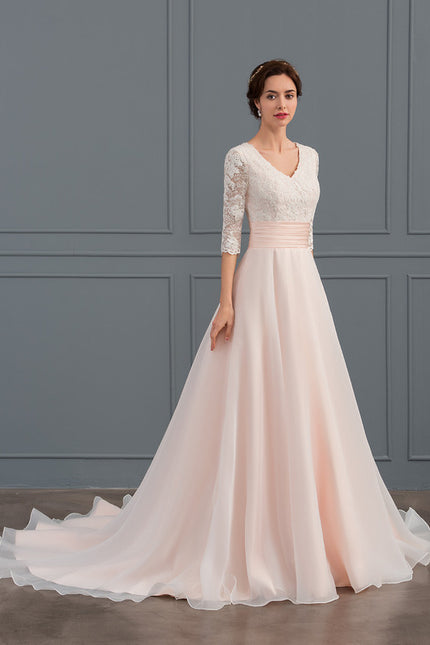 Robe de Soirée Longue Blanche Princesse Dentelle Voile - gallery 3