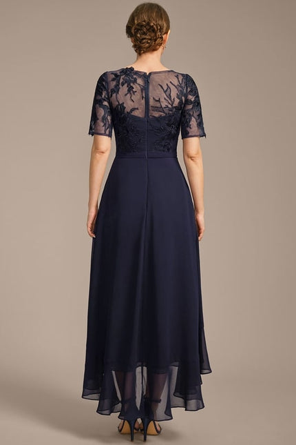 Robe de Soirée Longue Bleu Marine En Dentelle Et Mousseline - gallery 6