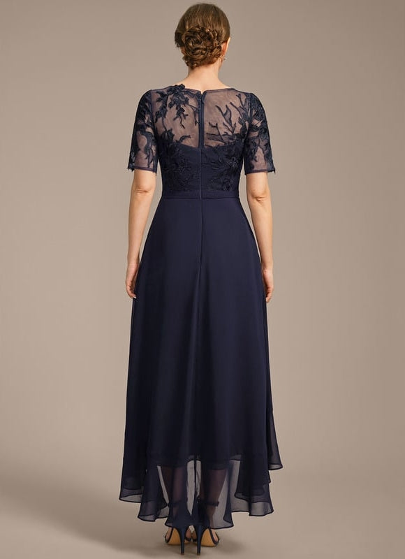 Robe de Soirée Longue Bleu Marine En Dentelle Et Mousseline - gallery 6