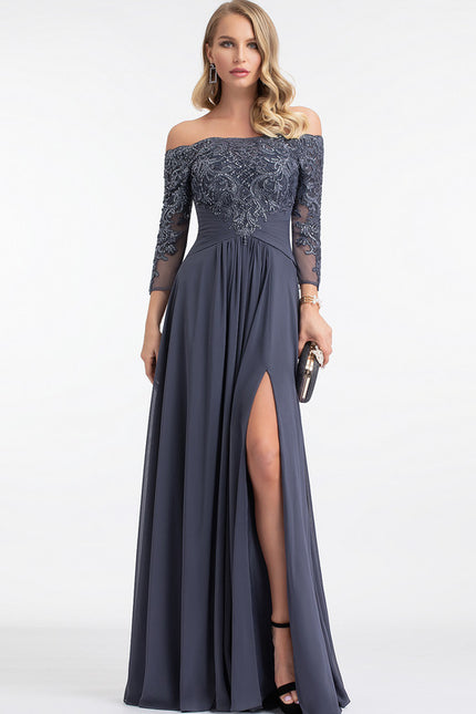 Robe de Soirée Longue Bleue Dentelle Paillettes