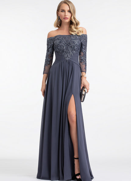 Robe de Soirée Longue Bleue Dentelle Paillettes