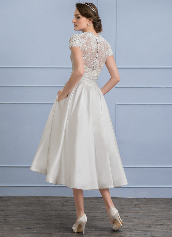 Robe de Soirée Longue Blanche En Satin Et Dentelle - gallery 1