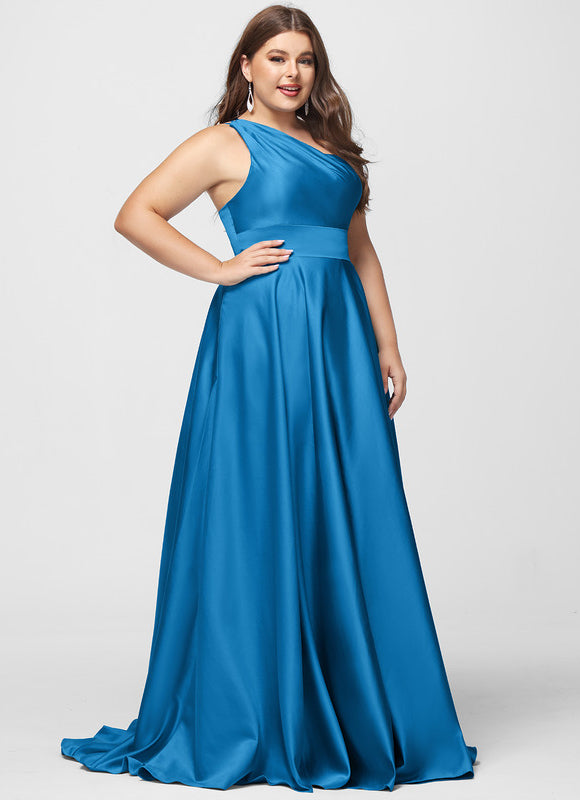 Robe Longue Bleu Satin Balayeuse Bal De Soirée - gallery 6