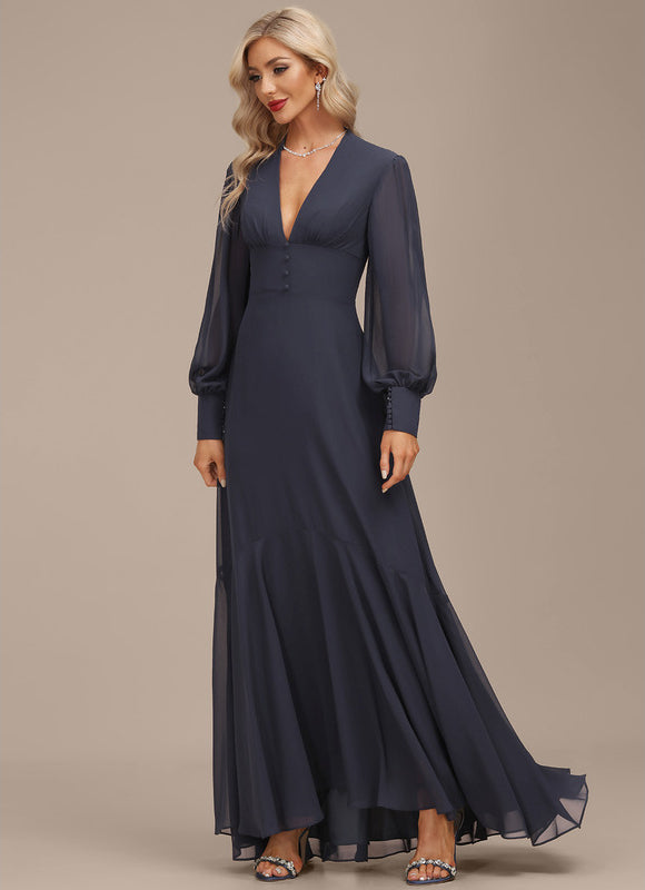Robe de Soirée Longue Bleue En Mousseline Asymétrique - gallery 5