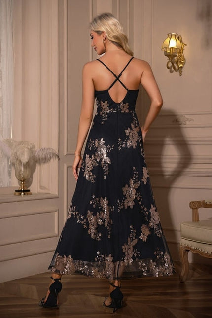 Robe de Soirée Maxi Fleurie Noire - gallery 1