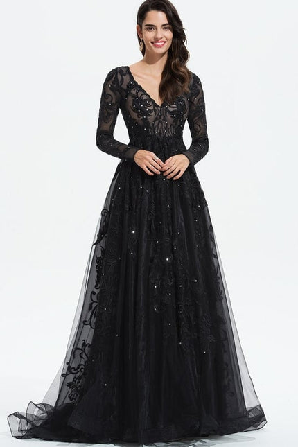 Robe Longue Noire Dentelle Paillettes Soirée - gallery 6