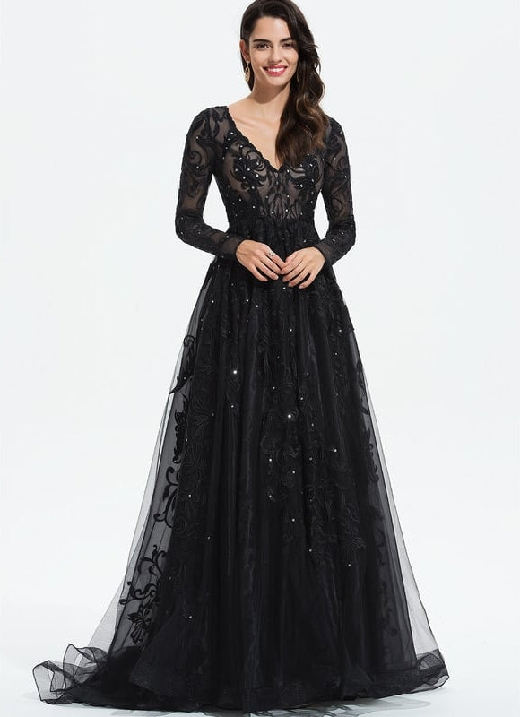 Robe Longue Noire Dentelle Paillettes Soirée - gallery 6
