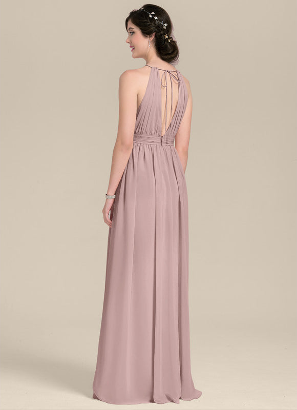 Robe de Soirée Longue Rose Mousseline Avec Nœud Et Volants - gallery 4