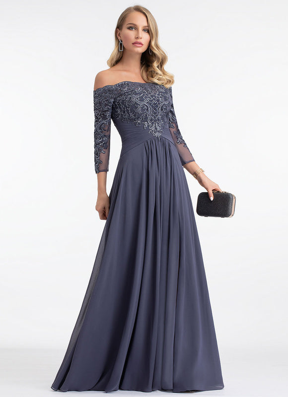 Robe de Soirée Longue Bleue Dentelle Paillettes - gallery 4