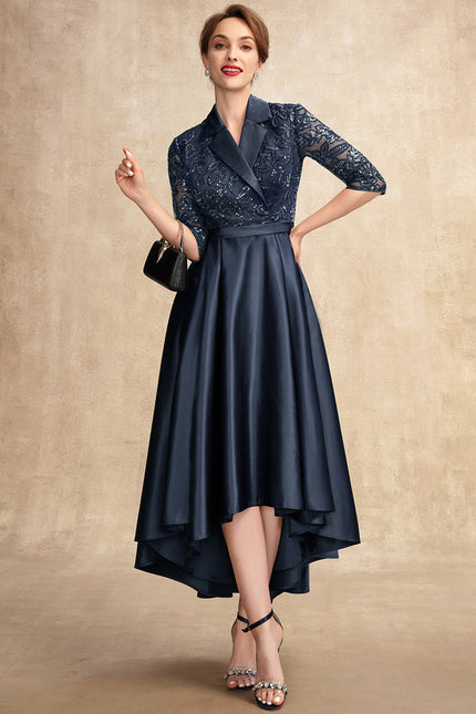 Robe de Soirée Longue Bleu Satin Dentelle Paillettes - gallery 3