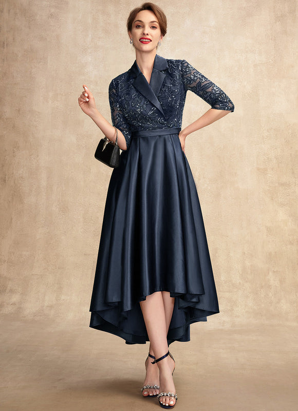 Robe de Soirée Longue Bleu Satin Dentelle Paillettes - gallery 3