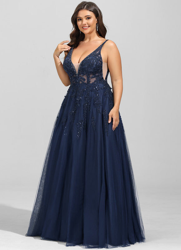 Robe de Soirée Longue Bleue Dentelle Et Paillettes - gallery 7