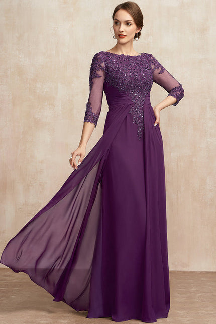 Robe de Soirée Longue Bordeaux En Mousseline Dentelle Perles - gallery 6