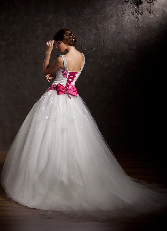 Robe de Soirée Longue Mariée Blanche Avec Dentelle Et Fronces - gallery 1