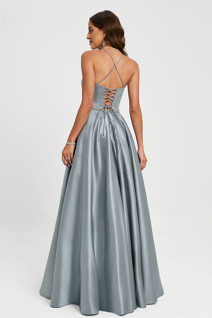 Robe de Soirée Longue Bleu Satin Strass Bal - gallery 6