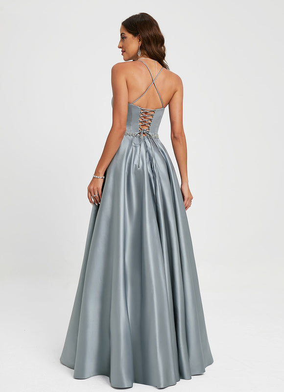Robe de Soirée Longue Bleu Satin Strass Bal - gallery 6